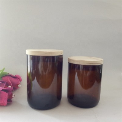 250g 300g wax cut amber candle jar with lid,amber glass jars with wooden lid for candles